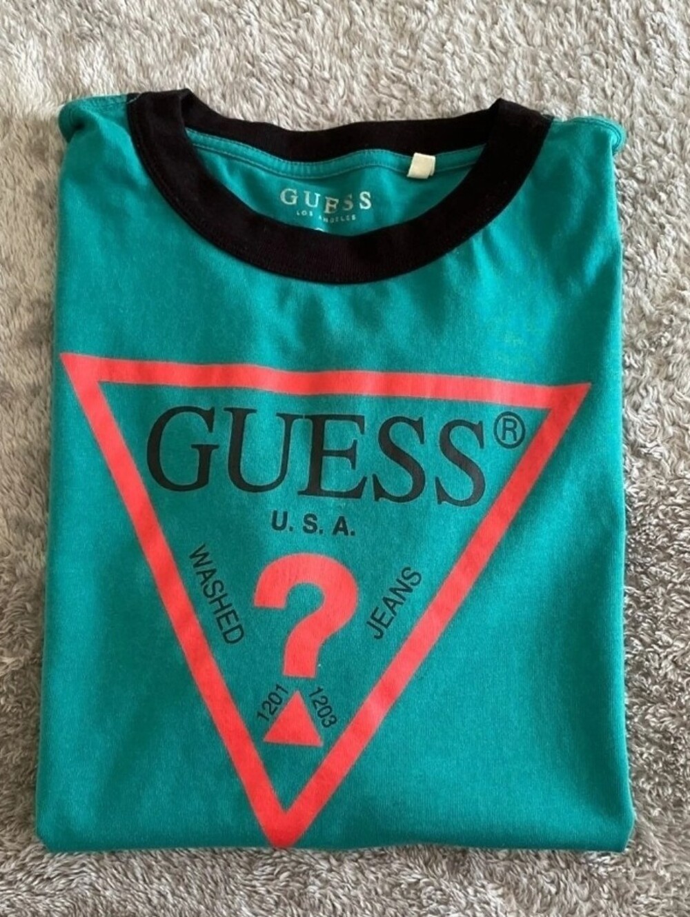 GUESS Teal Logo Ringer Tee with Black Collar